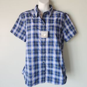 NWT $60 EDDIE BAUER Women Size L Blue Plaid Mountain Shirt Button Up